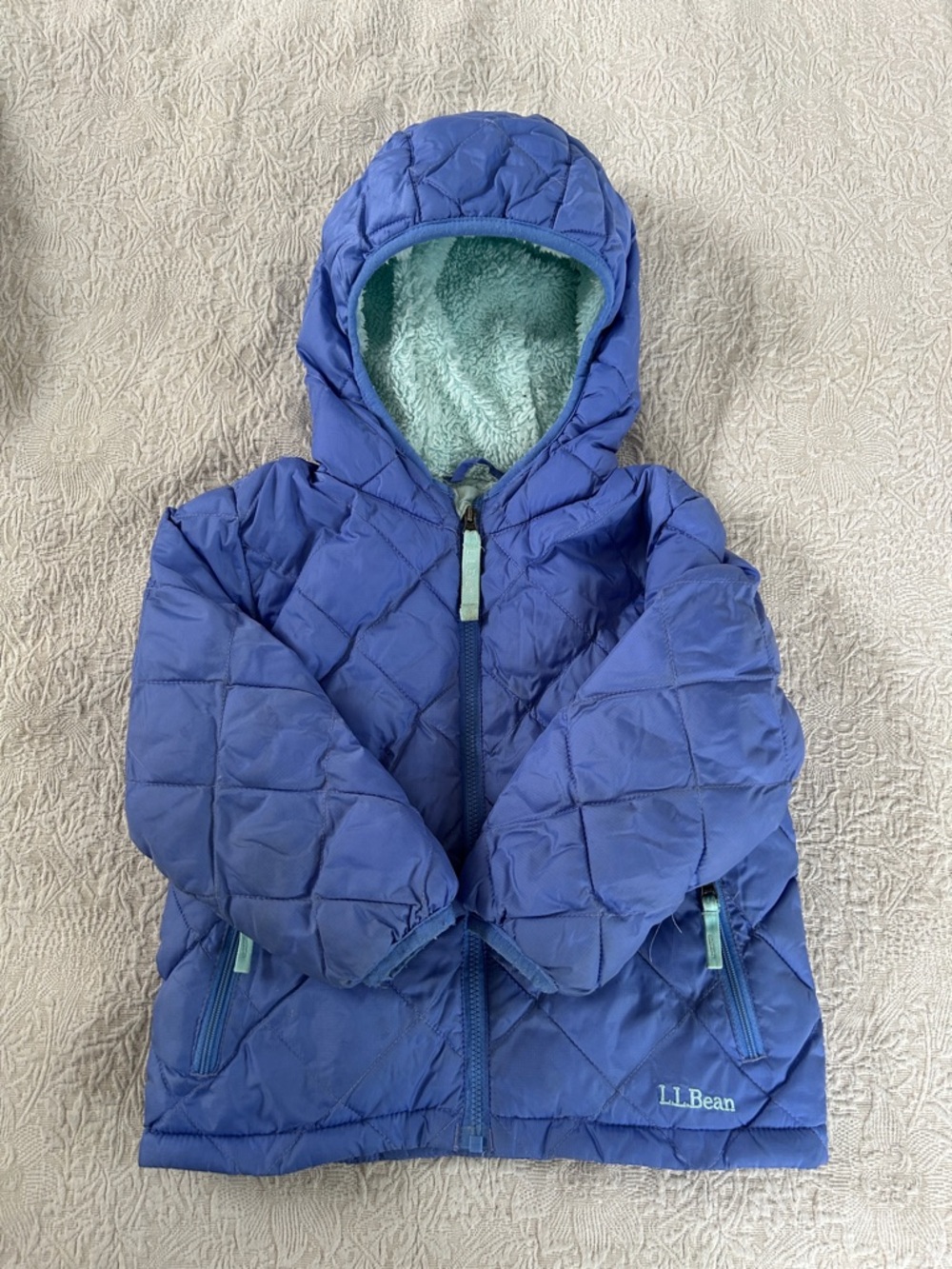 L.L. Bean Quilted Hooded Jacket in purple with Mint Lining